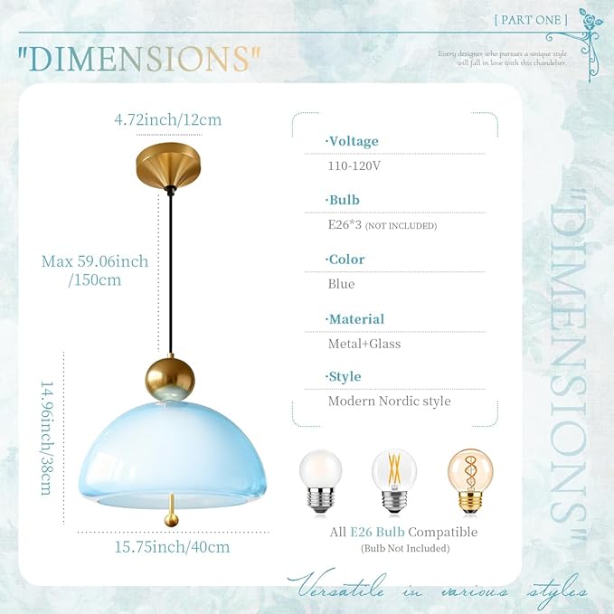 Farmhouse Large Chandelier Globe Vintage Pendant Light with Blue Glass 2-Pack Modern Hanging Lamp Fixture 1-Light for Kitchen Island, Dining Room, Hallway, Bedroom, E26 Base