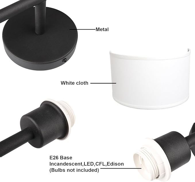 Yosoan Fabric Wall Sconce Indoor Bedside Wall Lamp Fixture, Vintage Industrial Hardwired Brass Boho Semi Circular with White Half Moon Shade for Reading Bedroom Living Room Dinning Room(Black)