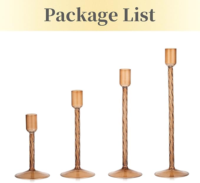 Hewory Glass Taper Candle Holders: 4 Pcs Brown Vintage Candlestick Holders Tall Candle Sticks Holder Decor, Glass Candle Holder for Table Centerpiece Wedding Christmas Advent Holiday Party Decorations