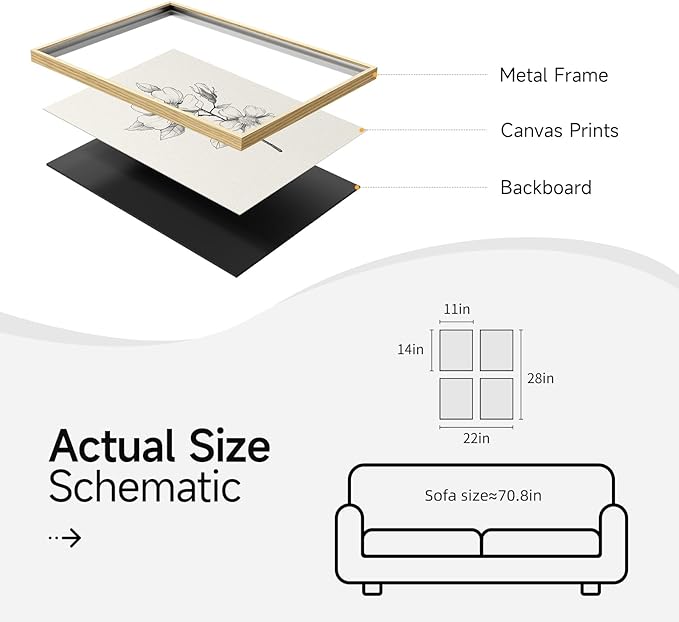 Framed Botanical Wall Art for Bathroom, Set of 4 Neutral Minimalist Beige Floral Painting Prints for Modern Farmhouse Decor, Black and White Flowers Plant Artwork for Rustic Bedroom Living Room, 11x14