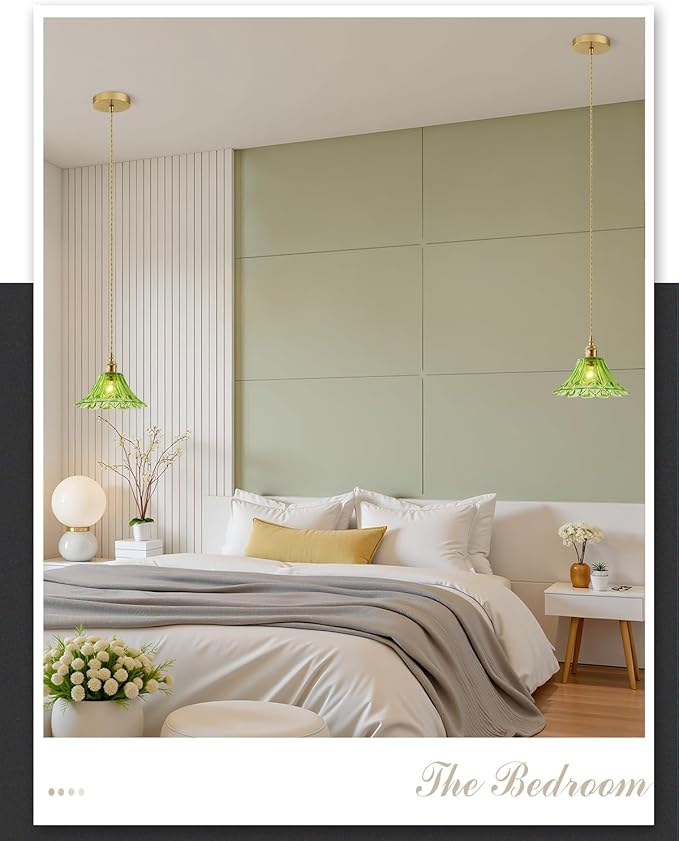 Vintage Glass Pendant Light,Green Flower Ceiling Pendant Light,Gold Adjustable Hanging Wire for Kitchen Island Dining Room Bedroom Hallway (9Inch - Green(B))