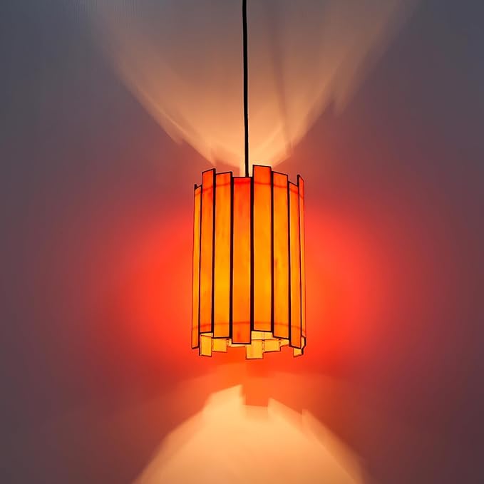 Tiffany Pendant Lighting, 7" Brass Cylindrical Hanging Lamp with Stained Glass for Foyer, Entryway, Bedroom, Dining Room, Stairwell (Tangerine)