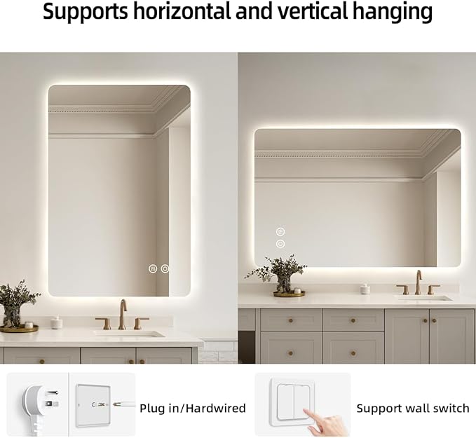 24" x 36" Frameless LED Bathroom Mirror with Lights, Lighted Vanity Mirror with Anti-Fog, 3-Color Stepless Dimmable, Memory, Shatterproof, UL-Listed, Wall Backlit Mirror (Horizontal/Vertical)