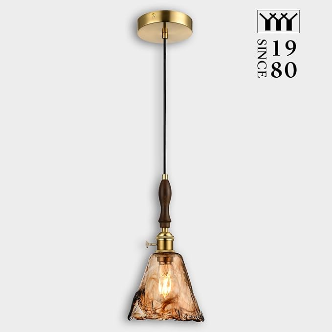 Modern Amber Glass Pendant Light, 6"x11.5" Floral Bell-Shaped Hanging Light with Wood Handle & Brass Cap, 15"-72" Adjustable Line, E26 Socket – Golden Amber Morning Glory