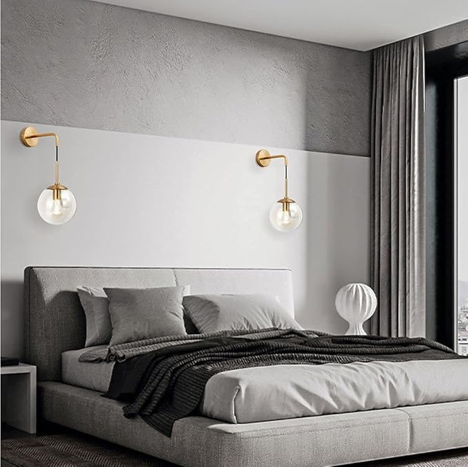 KCO Modern Glass Globe Wall Sconce Set of Two Minimalist Gold Wall Light Fixture with Adjustable Cord Brass Round Glass Wall Mounted Reading Lamp (Clear-2PC)