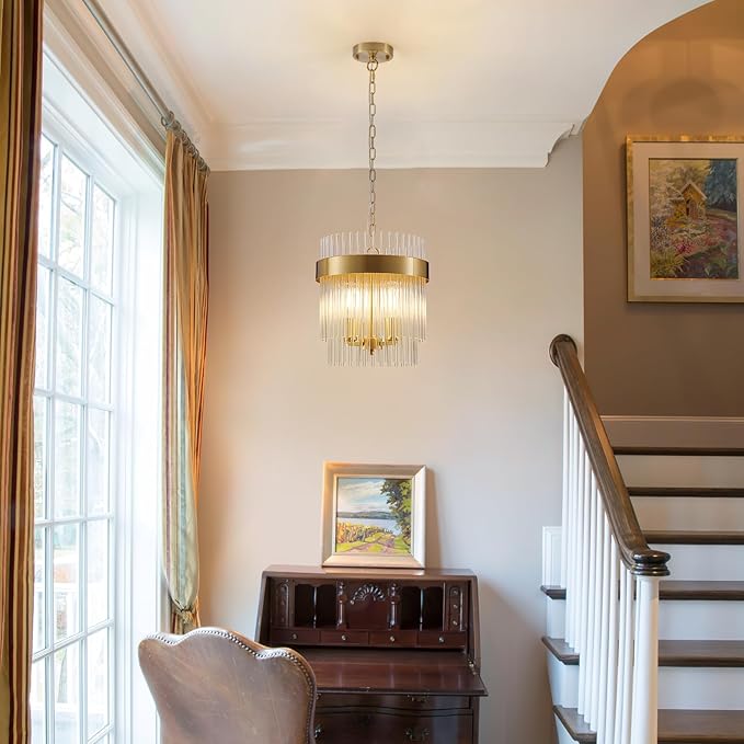 Dijiahua 3-Light Gold Pendant Lights Kitchen Island, 2-Tiers Crystal Pendant Light Fixtures Over Table, 12.6''Dia Brass Dining Room Glam Chandelier,Modern Adjustable Cord Hanging Lamp for Bedroom