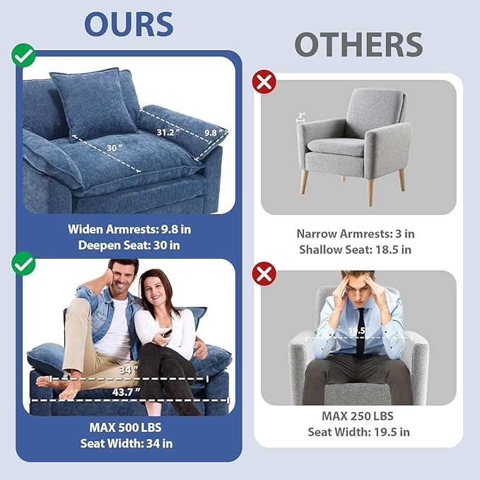 Chenilli Oversized Accent Chair with Ottoman, Single Sofa Chair with Large Seat and Extra Wide Armrests Comfy Armchair Reading Chairs for Bedroom Living Room, Blue