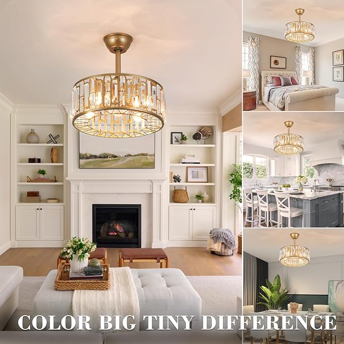 18" Gold Caged Ceiling Fans with Lights Remote, Crystal Fandelier Fan Light Modern Enclosed Chandelier Fan with 6 Speeds for Bedroom Living Room Kitchen