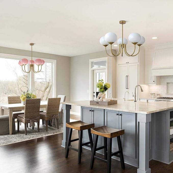 BOKT 5 Light Contemporary Milk White Glass Globe Chandelier Vintage Gold Sputnik Chandelier Light Fixture Adjustable Large Modern Brushed Brass Ball Sputnik Pendant Hanging Light Kitchen Island