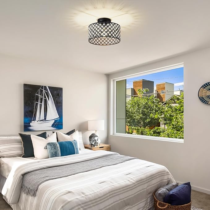 Black Crystal Ceiling Light Fixture,Modern Semi Flush Mount Ceiling Lighting Fixture,Round Small Chandelier for Dining Room, Hallway, Entryway, Kitchen, Bedroom,Foyer,1 Light,11.2 inch