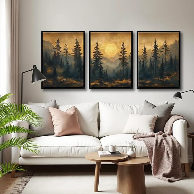 Framed 3pcs Vintage Pine Forest Wall Art Nature Landscape Full Moon Canvas Prints Woodland Picture Poster Misty Forest Paintings Wall decor for Living Room Bedroom Office Ready to Hang16x24 Inch