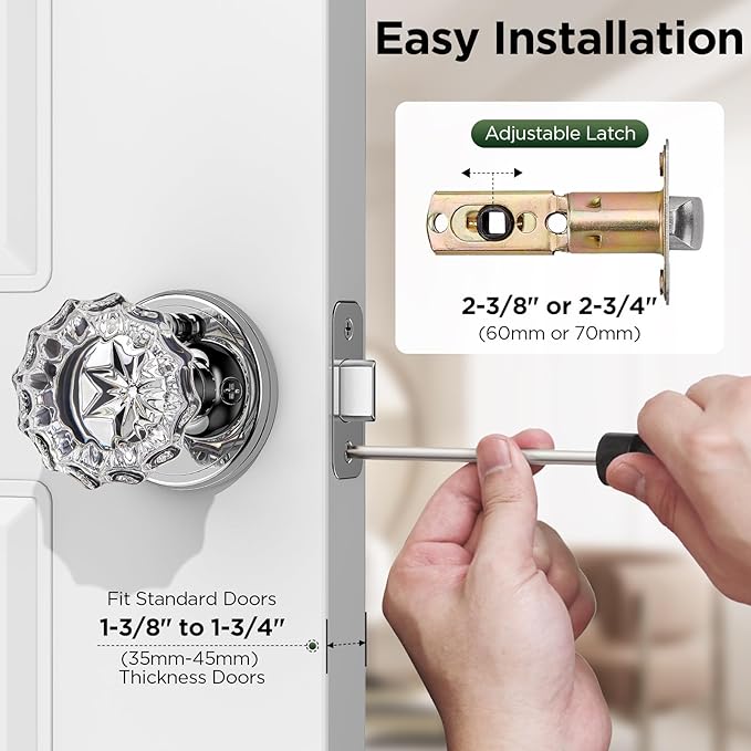 1 Pack Crystal Door Knob, Rosette Shaped Glass Door Knobs Interior with Lock, Polished Chrome Door Knobs Interior Glass