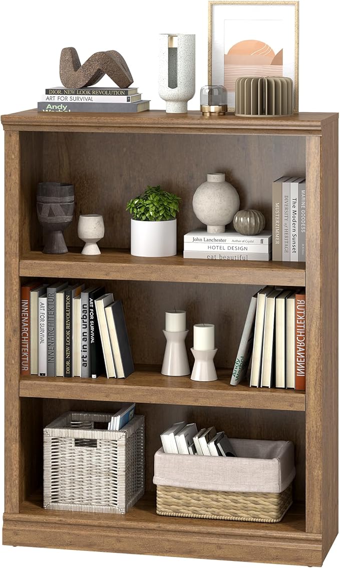 blini 3-Shelf Bookcase Wooden Bookshelves 33in Wide Floor Standing Display Storage Shelves Vintage Oak Bookcase for Home Office, Living Room, Bed Room