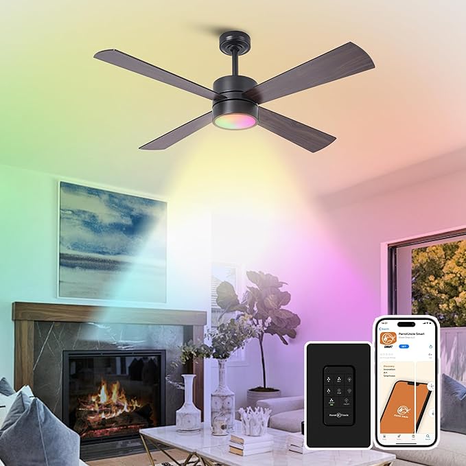 Ceiling Fans with Lights, 52 Inch Chandelier Ceiling Fan with RGB LED for Bedroom Living Room, Remote/ APP Control, Black Outdoor Ceiling Fans Low Profile, Reversible 4 Blades, Ventilador de Techo