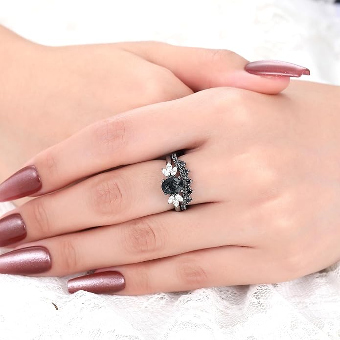 Oval Natural Black Rutilated Quartz Celtic Knot Bridal Wedding Ring Sets with Black Gold or Platinum Plated 925 Sterling Silver, Irish Gothic Engagement Rings and Spinel Trinity Annversary Band Size 4-9