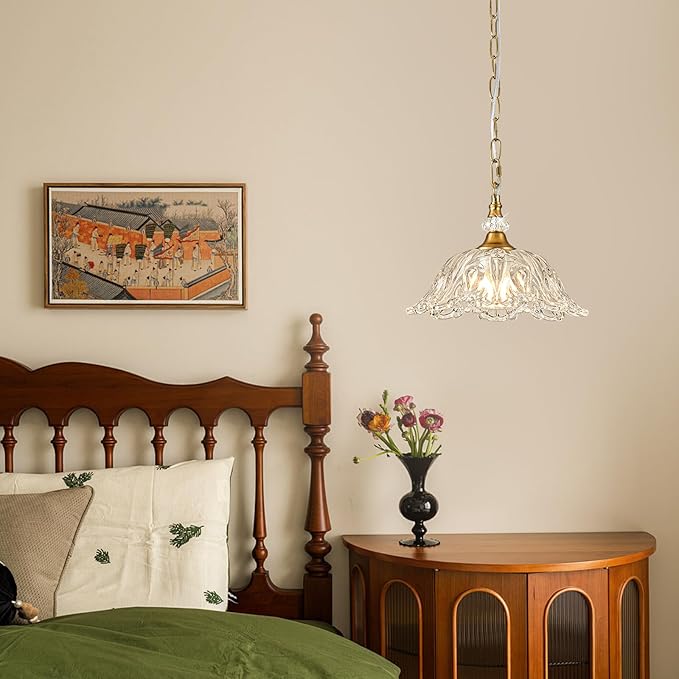 1 Piece Vintage Chandelier Light Fixtures with Crystal Glass Shade,Matte Antique Brass Finish Pendant Light,Hanging Light for Dining Room,Hallway,Living Room,Bedroom