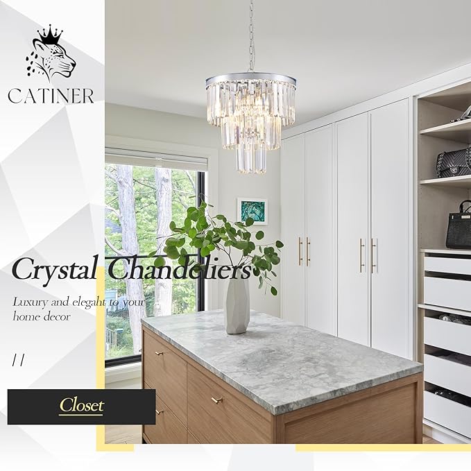 Modern Chrome Crystal Chandeliers 16" Small Pendant Light Luxury 3 Tiers 6-Light K9 Crystal Ceiling Pendant Round Light Fixture for Dining Room Entryway Kitchen Bedroom Closet