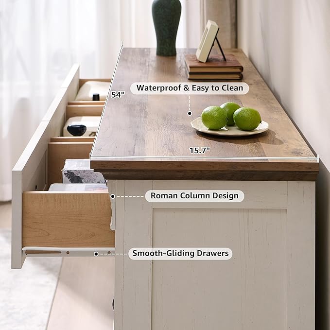 T4TREAM Farmhouse 7 Drawers Dresser for Bedroom, 54" Wide Wood Rustic Chest of Drawers w/Roman Column, Wooden Storage Dressers Organizer for Bedroom, Living Room, Closet, Antique White