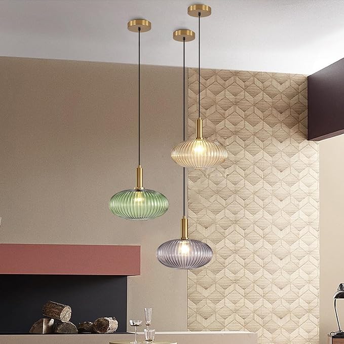 KCO Lighting Modern Gold Globe Pendant Lamp 1-Light Mid Century Antique Brass Dining Pendant Light Amber Glass Farmhouse Pendant Lighting Adjustable Large Vintage Hanging Ceiling Pendant Light