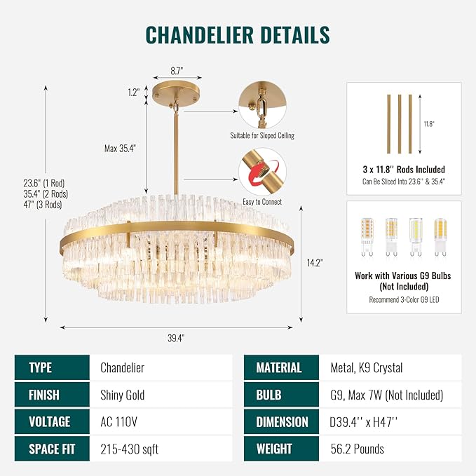 Siljoy Modern Crystal Chandelier, 39.4'' Luxury Gold Round 3-Tiers Raindrop Chandelier, Large Farmhouse Crystal Pendant Ceiling Light Fixture for Dining Living Room Kitchen Island Foyer, G9 x 24