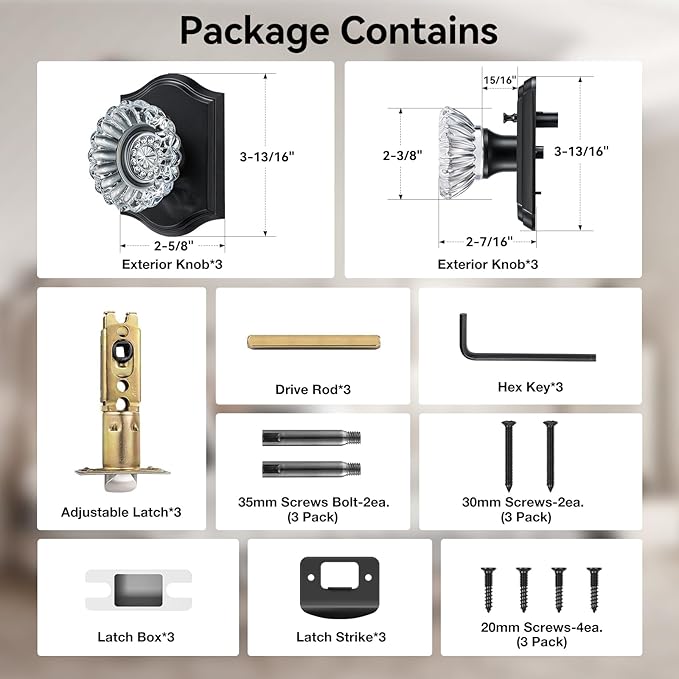 3 Pack Glass Door Knobs, Crystal Door Knobs with Lock for Privacy Use, Black Glass Crystal Door Knobs Interior for Bedroom Bathroom, Vintage Crystal Glass Door Knob Set