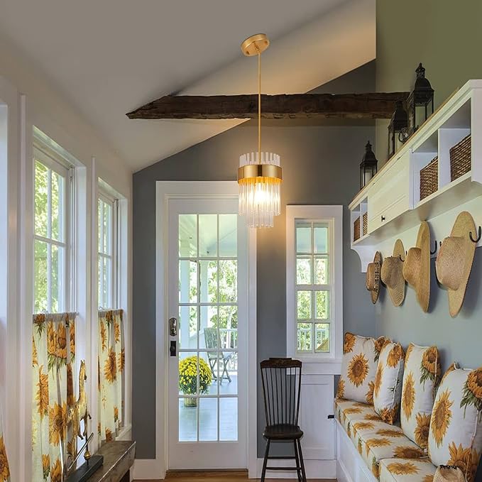 Gold Pendant Lights Kitchen Island,1-Light Crystal Pendant Light Fixtures Over Island,Modern Brass Mini chandelier For Dining Room, Adjustable Cord Hanging Lights For Bedroom,Bar,Sink,Entryway