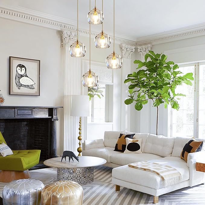 Mid Century 5-Lights Cluster Pendant Lighting Modern Gold Crystal Kitchen Island Pendant Light Multi Light Brass LED Pendant Light Fixture Clear Bubble Round Dining Chandelier