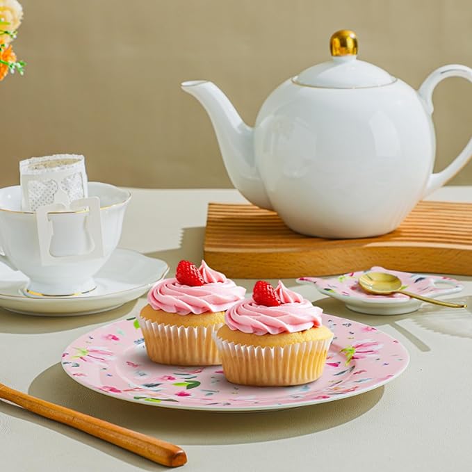 8-Inch Porcelain Dessert Plates, Set of 8 - Floral Decorative Ceramic Plates for Appetizers, Salads, or Dinner, Colorful & Elegant Design