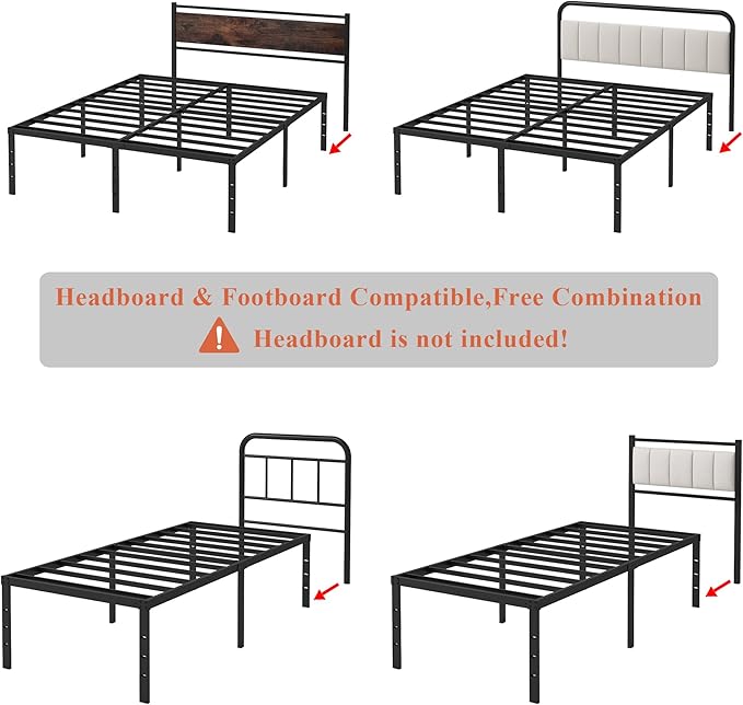 20 Inch Twin Size Bed Frame, No Box Spring Needed, Heavy Duty Black Metal Platform Mattress Foundation with Steel Slats, Non-Slip Noise Free Easy Assembly, Large Storage