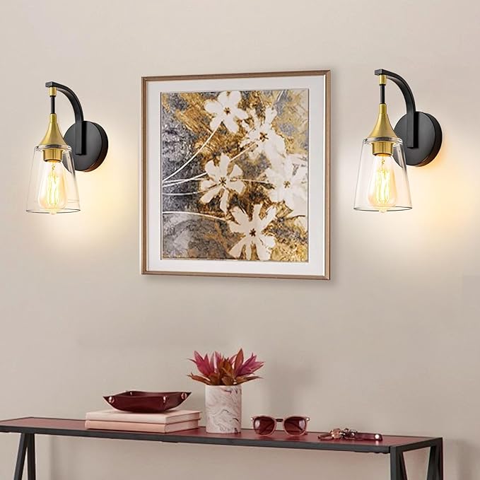 1-Light Bathroom Wall Sconce Light, Black and Gold Wall Light Fixtures with Clear Glass Shade, Modern Wall Lamp Indoor Wall Mounted Light for Hallway Bedroom Living Room Mirror
