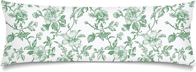 Green and White Porcelain Floral Body Pillow Cover Vintage Flowers Long Pillow Case with Zipper,Florals Lumbar Pillows Cases,Chinoiserie Decorative Soft Bed Cushion Covers for Bedroom,Sofa,"20x54"