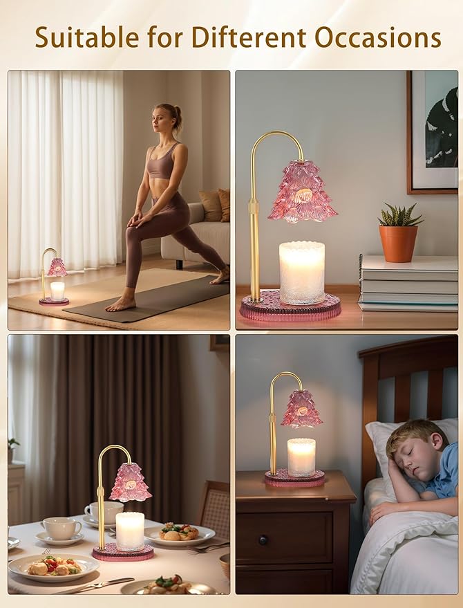 Candle Warmer Lamp with Timer & Dimmer, Crown Glass Lamp Candle Warmer for Jar Candles, 2 Bulbs, Height Adjustable Electric Wax Warmer for Elegant Home Decor (Blush Pine)