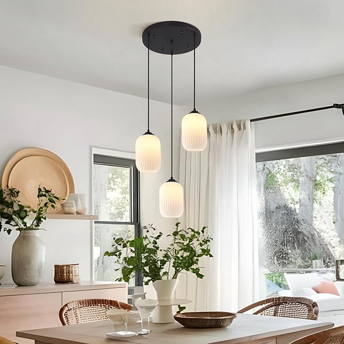 Small 3 Light Cluster Chandelier White and Black Glass Cylinder Pendant Light Vintage Milk Glass Chandelier Mid Century Modern Kitchen Island Pendant Light Stairwell Lighting Fixtures