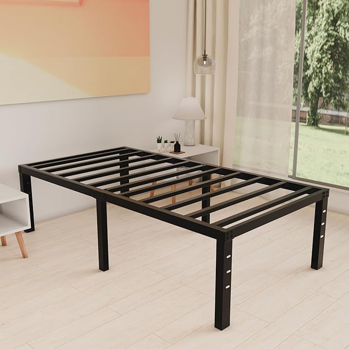 18 Inch Metal Twin Bed Frame No Box Spring Needed - Easy Assembly Heavy Duty Noise Free Narrow Bedframes - Single Black Basic Steel Slats Platform with Storage