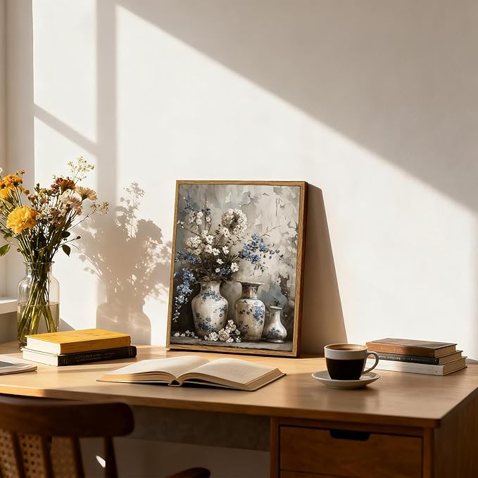 XLARTMY Framed Farmhouse Floral Canvas Wall Art,Vintage Blue and White Wall Art Flower Pictures Wall Decor,Porcelain Vase Posters Prints for Living Room Bedroom Bathroom Rustic Decor 12x16In