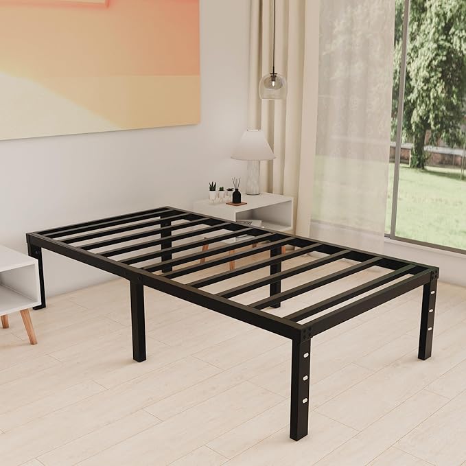 14 Inch Metal Twin XL Bed Frame No Box Spring Needed - Easy Assembly Heavy Duty Noise Free Narrow Bedframes - Single Black Basic Steel Slats Platform with Storage
