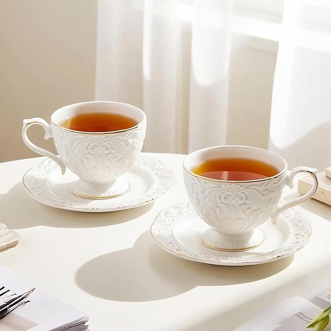 Cups and Saucers Tea Cups Set of 2, Ceramic Coffee Cups with Floral Embossed Design, 200ml (7 oz) Tea Cups and Saucers Porcelain Mugs for Birthday Party Cafe Home Mother's Day Gift