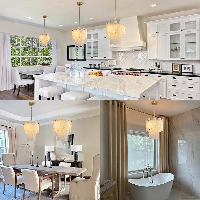 Alabaster Chandelier D13in Spanish Marble Round Chandeliers, 2 Tiers Brass Alabaster Pendant Light,Modern Gold Small Chandeliers for Dining Room,Foyer,Kitchen Island,Bathroom,Bedroom