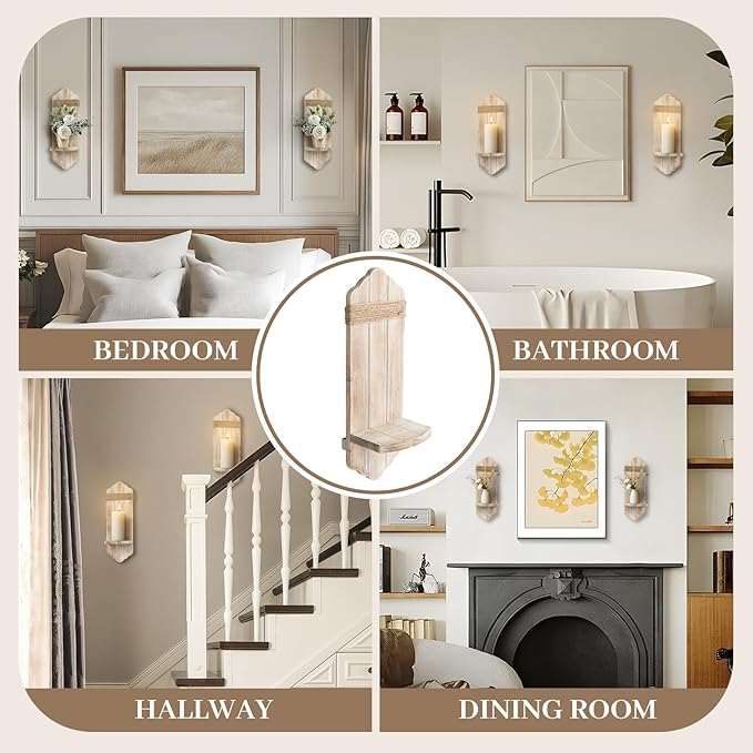 Rustic Washable White Wood Wall Candle Sconces Set of Two, Farmhouse Wooden Candle Holder Decor for Fireplace, Hallway, Living Room, Bedroom