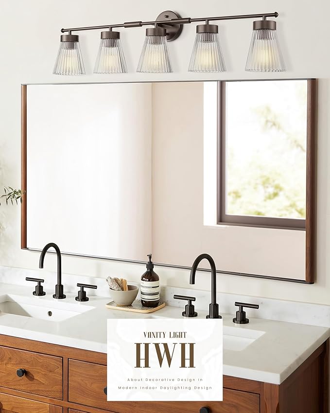 5-Light Bathroom Vanity Light, HWH Farmhouse Vanity Lights for Bathroom Vanity Lamp Oil Rubbed Bronze, Vanity Sconce with Clear Striped Glass, 5HZG97B-5W ORB