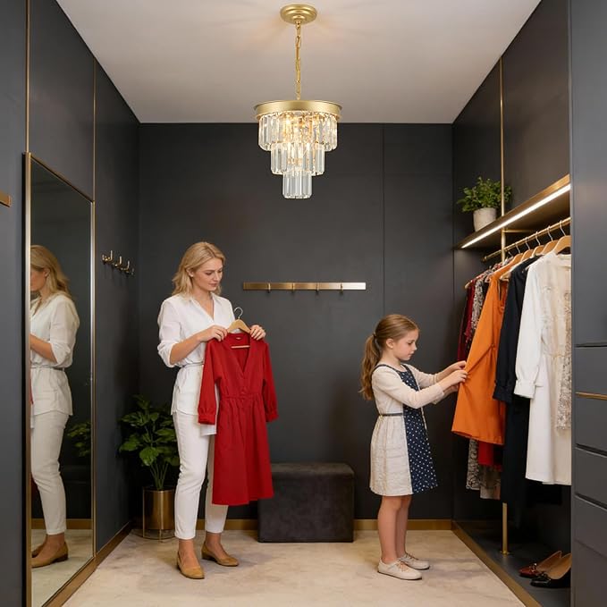 Crystal Chandeliers for Dining Room Light Fixtures Over Table,4-Lights Modern Gold Crystal Pendant Lighting Fixture,3 Tiers Small Chandeliers for Kitchen Island Bedroom Entryway D12 Inch