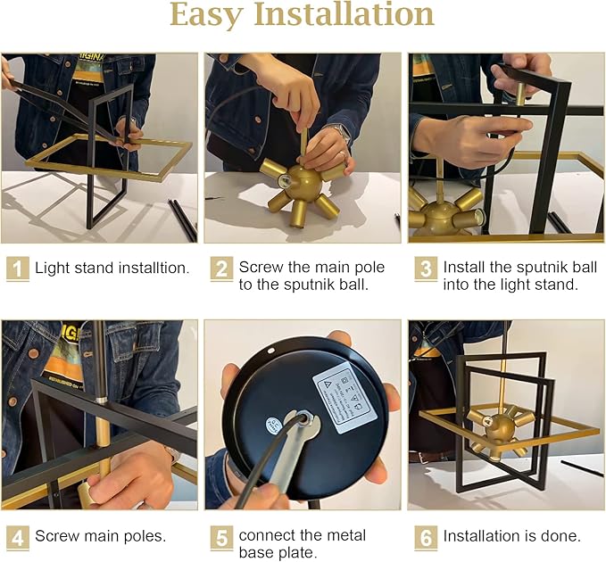 Modern Small Square Gold Chandelier, 8-Light Farmhouse Geometric Pendant Lighting Fixtures, Industrial Lantern Hanging Chandelier for Kitchen Dining Room Foyer Entryway