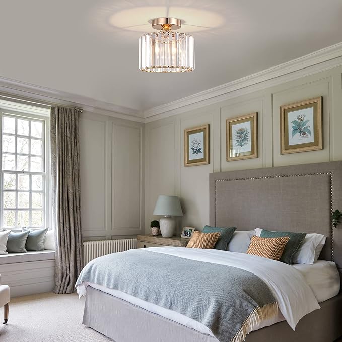 BUXVRCS Semi Flush Mount Modern Chandelier, Crystal Ceiling Light Fixture, Small Close to Ceiling Light for Living Room, Bedroom, Hallway, Bathroom, Kitchen, Entryway (Gold)