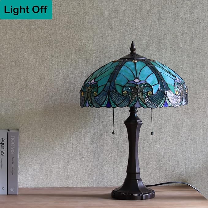 Tiffany Table Lamp Sea Green Stained Glass Table Light Antique Style 16 inch Large Desk Lamp 2 Light Victorian Vintage Beside Reading Lamp for Living Room Bedroom Office