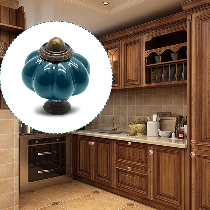12pcs Teal Vintage Ceramic Cabinet Knobs and Drawer Pulls with Mounting Screws