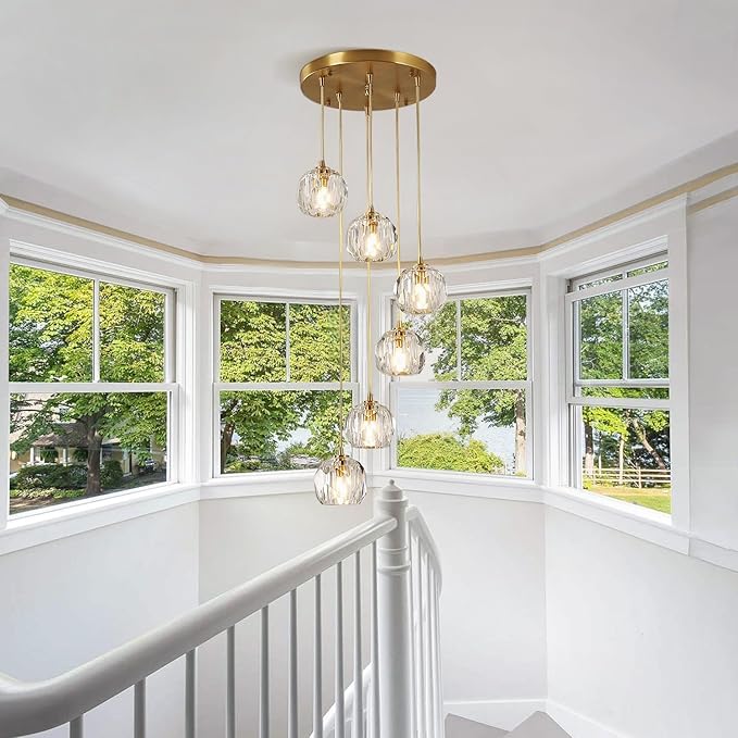 Modern 6 Lights Cluster Pendant Lighting Multi Light Gold Crystal Chandelier Pendant Light Mid Century Anti Brass Clear Glass Round Ceiling Hanging Light Fixture