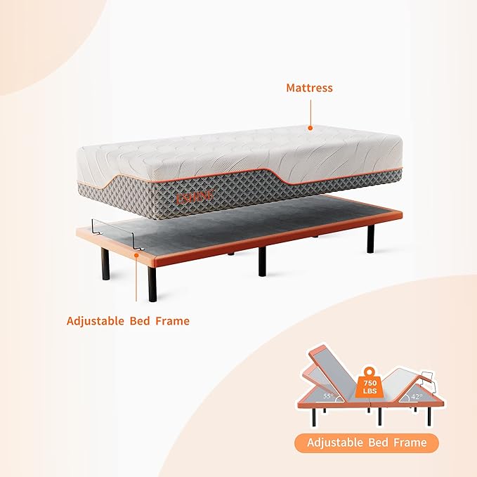 ESHINE Adjustable Bed Frame + 12" Hybrid Mattress Twin XL(Medium) - Luxury Gel Memory Foam, Massage, Wireless Remote, USB, Under Bed Night Light, Head and Foot Incline, 3000 Series