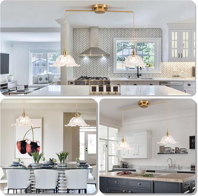 2-Lights Brass Vintage Pendant Light Fixtures, Modern Chandelier Pendant Light with Clear Flower Glass Lmapshade, Adjustable Hanging Lights for Kitchen Island Dining Room Hallway, E26 (Clear)