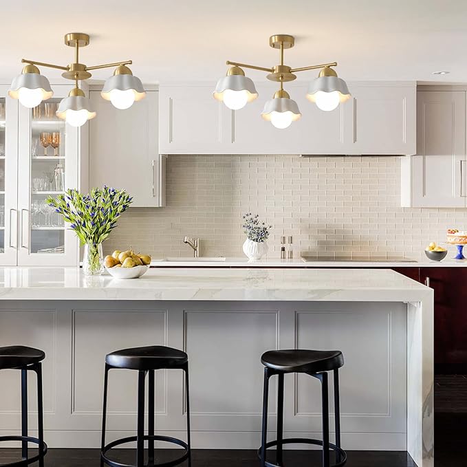 Mid Century Modern Brass Semi Flush Mount Ceiling Light 3 Lights Milk Opal Glass Ceiling Light Fixture Gold Sputnik Chandelier Light Fixture Vintage Hanging Ceiling Lights for Foyer MCL08-3 GD