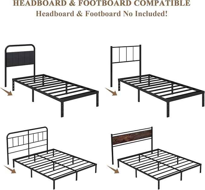 12 Inch Twin Size Bed Frame - No Box Spring Needed Heavy Duty Metal Platform Mattress Foundation with Steel Slats, Non-Slip Noise Free Easy Assembly Black Bedframes